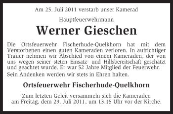 Traueranzeige von Werner Gieschen von KREISZEITUNG SYKE