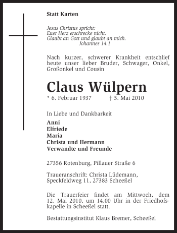 Traueranzeige von Claus Wülpern von KREISZEITUNG SYKE