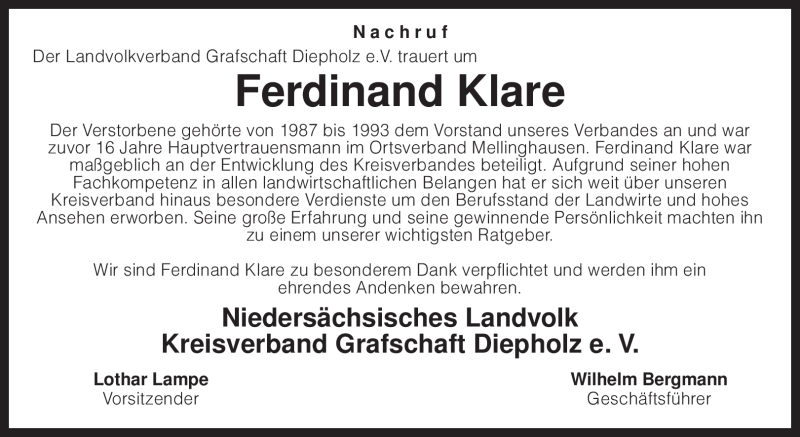  Traueranzeige für Ferdinand Klare vom 19.11.2010 aus KREISZEITUNG SYKE