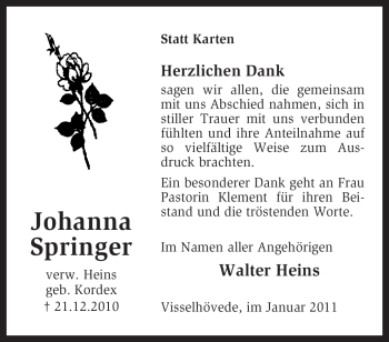 Traueranzeige von Johanna Springer von KREISZEITUNG SYKE