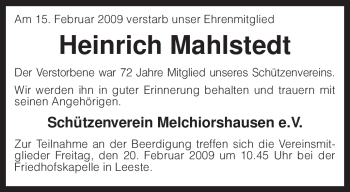 Traueranzeige von Heinrich Mahlstedt von KREISZEITUNG SYKE