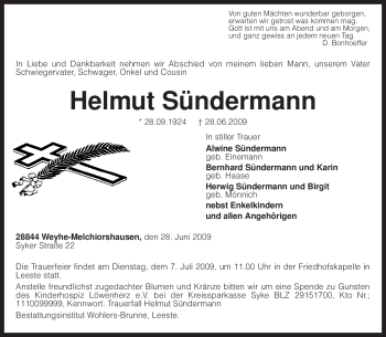 Traueranzeige von Helmut Sündermann von KREISZEITUNG SYKE