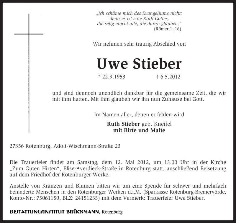 Traueranzeige für Uwe Stieber vom 09.05.2012 aus KREISZEITUNG SYKE