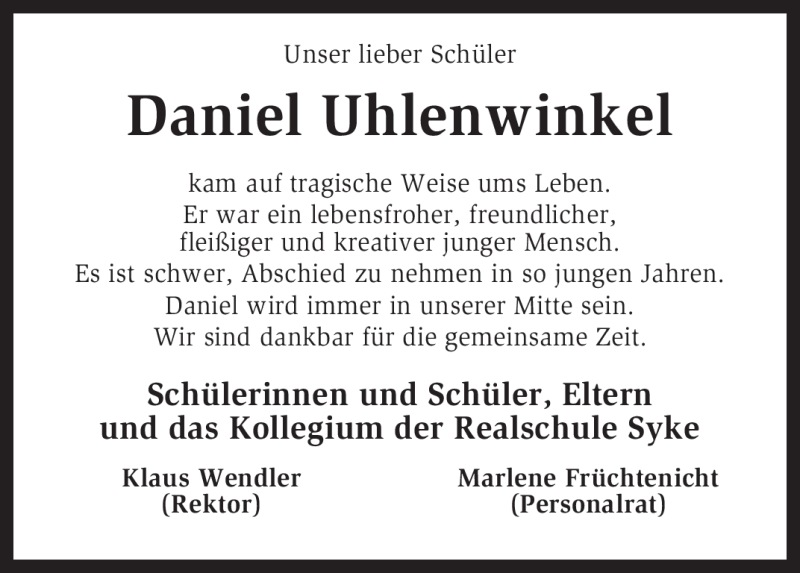  Traueranzeige für Daniel Uhlenwinkel vom 29.02.2012 aus KREISZEITUNG SYKE