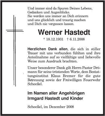 Traueranzeige von Werner Hastedt von KREISZEITUNG SYKE