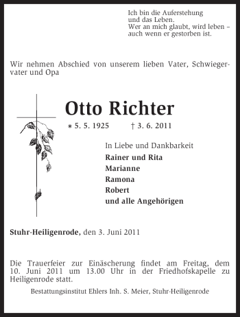 Traueranzeige von Otto Richter von KREISZEITUNG SYKE