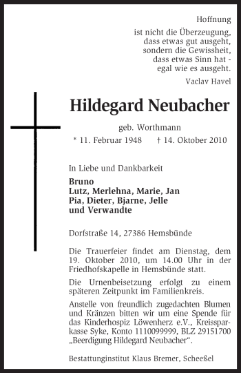 Traueranzeige von Hildegard Neubacher von KREISZEITUNG SYKE