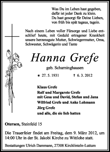 Traueranzeige von Hanna Grefe von KREISZEITUNG SYKE