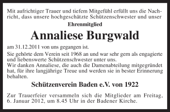 Traueranzeige von Annaliese Burgwald von KREISZEITUNG SYKE