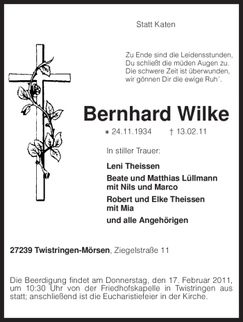 Traueranzeige von Bernhard Wilke von KREISZEITUNG SYKE