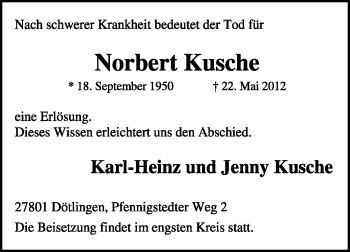 Traueranzeige von Norbert Kusche von KREISZEITUNG SYKE