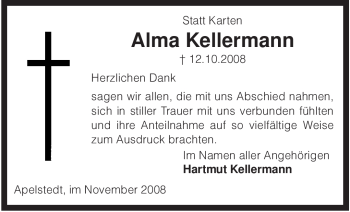 Traueranzeige von Alma Kellermann von KREISZEITUNG SYKE