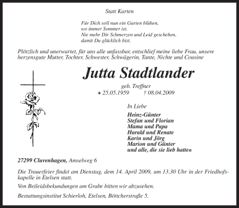 Traueranzeige von Jutta Stadtlander von KREISZEITUNG SYKE