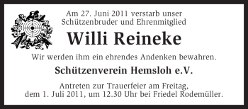 Traueranzeige von Willi Reineke von KREISZEITUNG SYKE