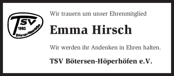 Traueranzeige von Emma Hirsch von KREISZEITUNG SYKE