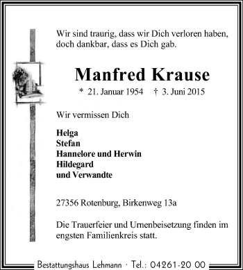 Traueranzeige von Manfred Krause von KRZ