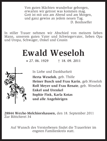 Traueranzeige von Ewald Weseloh von KREISZEITUNG SYKE