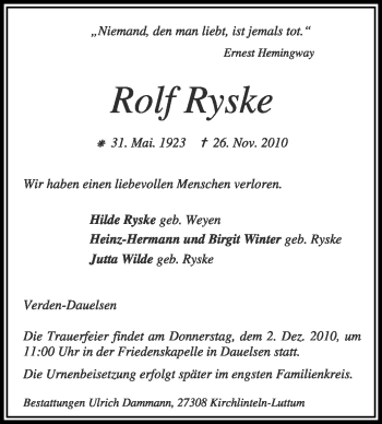 Traueranzeige von Rolf Ryske von KREISZEITUNG SYKE