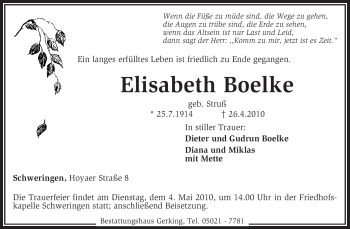 Traueranzeige von Elisabeth Boelke von KREISZEITUNG SYKE