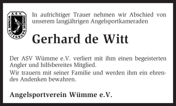 Traueranzeige von Gerhard de Witt von KREISZEITUNG SYKE