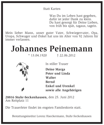 Traueranzeige von Johannes Peinemann von KREISZEITUNG SYKE