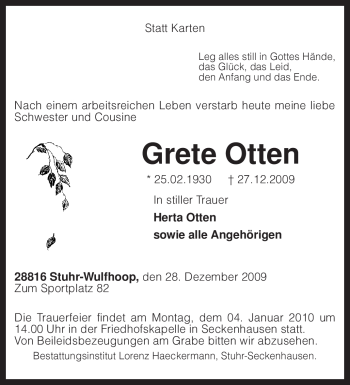 Traueranzeige von Grete Otten von KREISZEITUNG SYKE