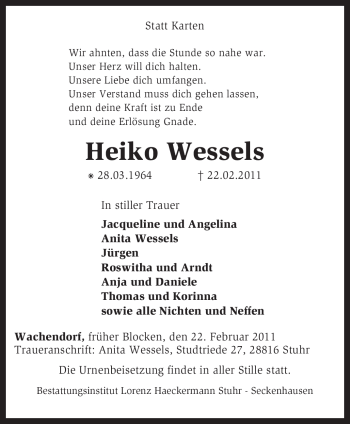 Traueranzeige von Heiko Wessels von KREISZEITUNG SYKE