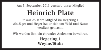 Traueranzeige von Heinrich Plate von KREISZEITUNG SYKE