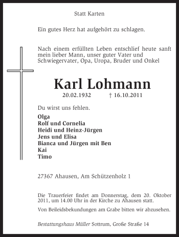 Traueranzeige von Karl Lohmann von KREISZEITUNG SYKE