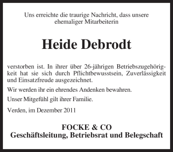 Traueranzeige von Heide Debrodt von KREISZEITUNG SYKE