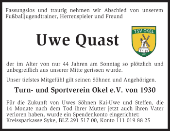 Traueranzeige von Uwe Quast von KREISZEITUNG SYKE