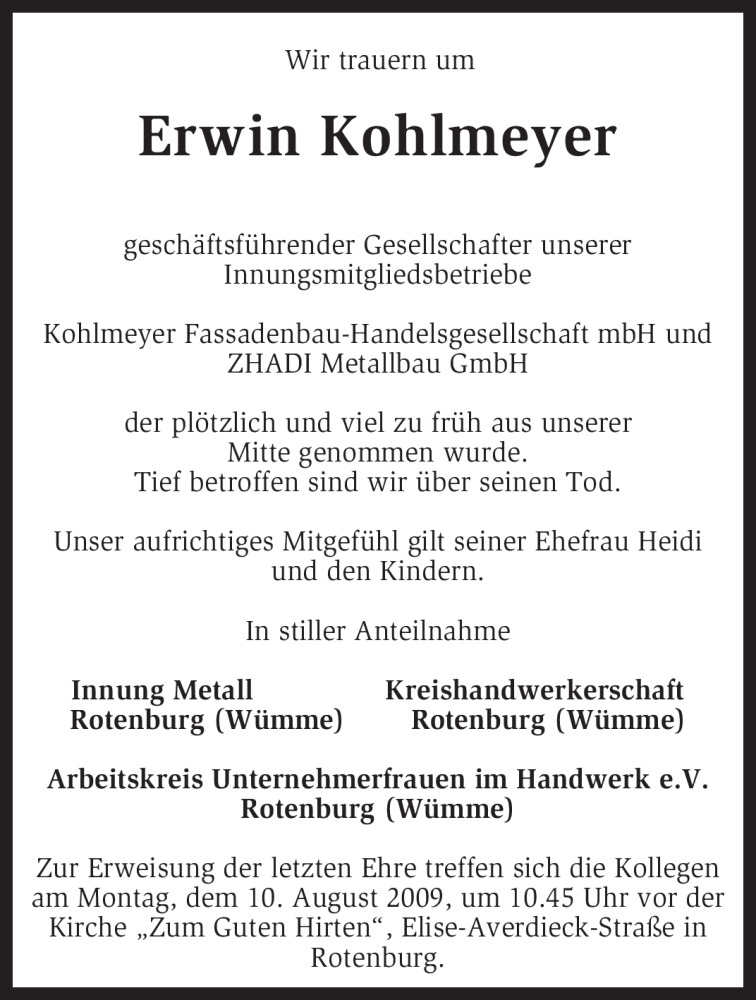  Traueranzeige für Erwin Kohlmeyer vom 07.08.2009 aus KREISZEITUNG SYKE