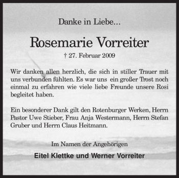 Traueranzeige von Rosemarie Vorreiter von KREISZEITUNG SYKE