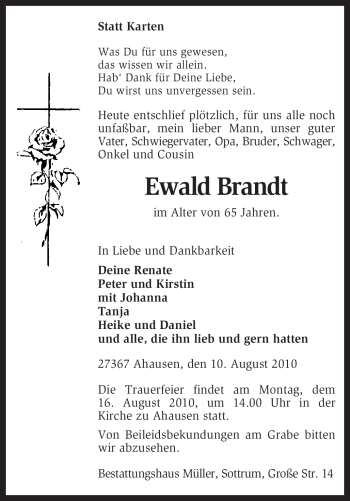 Traueranzeige von Ewald Brandt von KREISZEITUNG SYKE