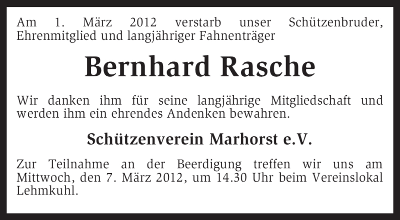  Traueranzeige für Bernhard Rasche vom 03.03.2012 aus KREISZEITUNG SYKE