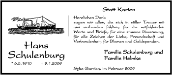 Traueranzeige von Hans Schulenburg von KREISZEITUNG SYKE