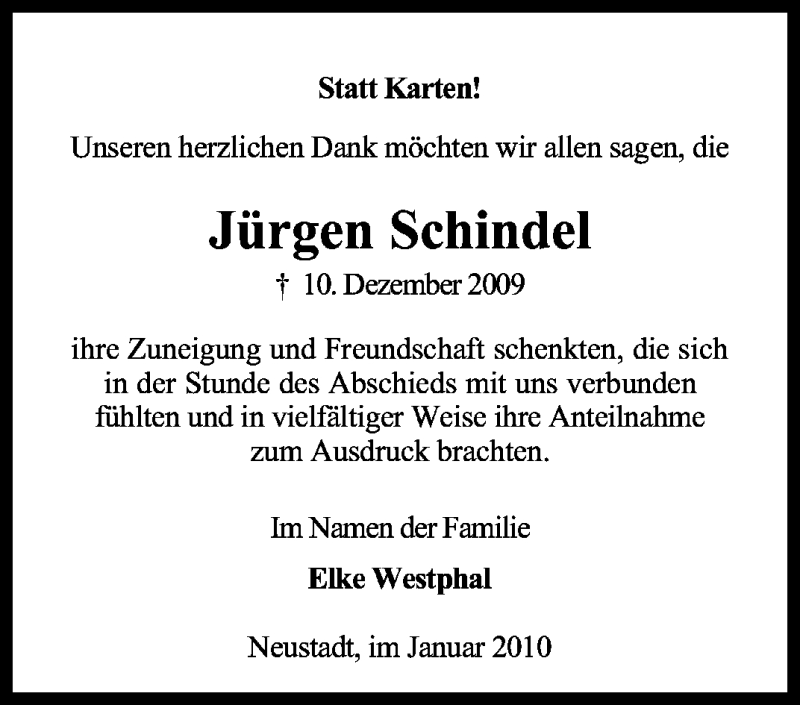  Traueranzeige für Jürgen Schindel vom 20.01.2010 aus KREISZEITUNG SYKE