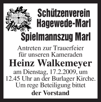 Traueranzeige von Heinz Walkemeyer von KREISZEITUNG SYKE