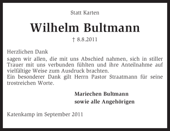 Traueranzeige von Wilhelm Bultmann von KREISZEITUNG SYKE