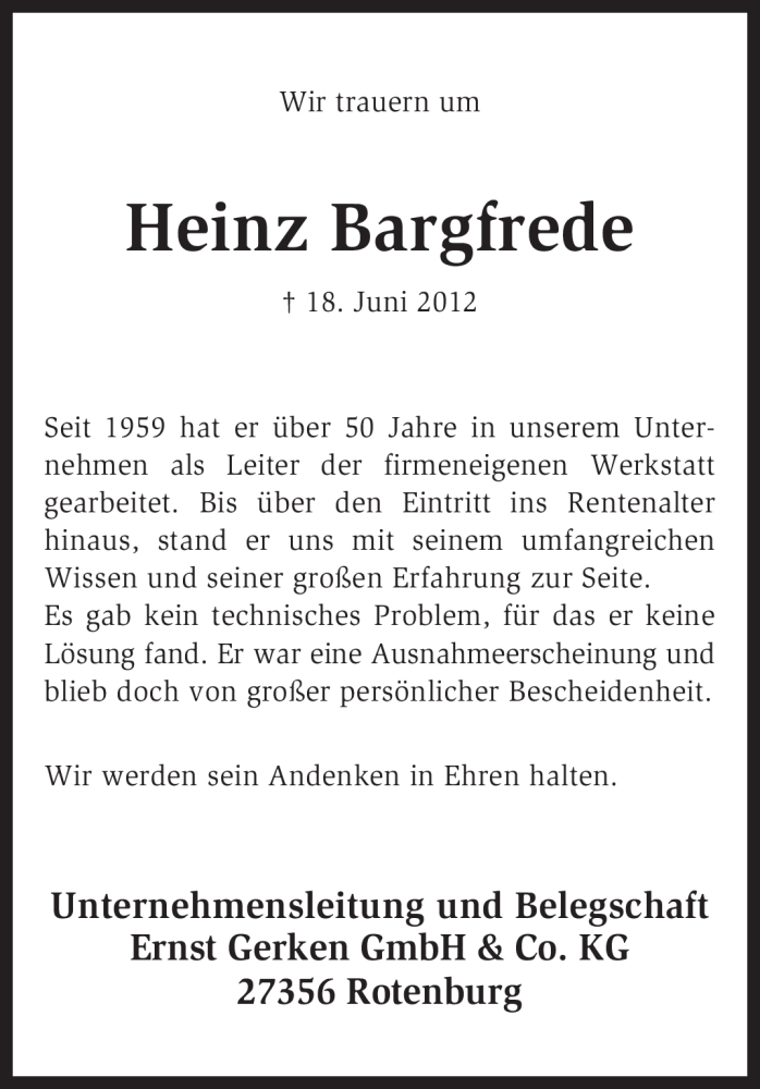  Traueranzeige für Heinz Bargfrede vom 20.06.2012 aus KREISZEITUNG SYKE