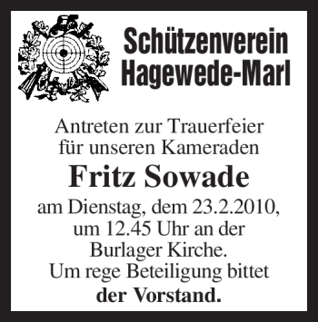 Traueranzeige von Fritz Sowade von KREISZEITUNG SYKE