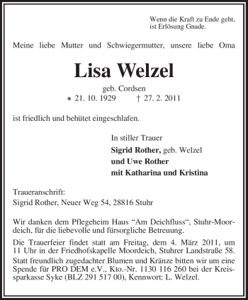 Traueranzeige von Lisa Welzel von KREISZEITUNG SYKE