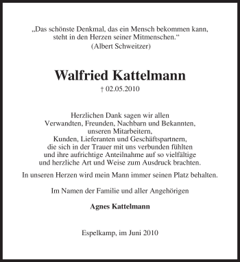 Traueranzeige von Walfried Kattelmann von KREISZEITUNG SYKE