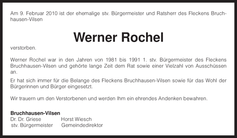  Traueranzeige für Werner Rochel vom 12.02.2010 aus KREISZEITUNG SYKE