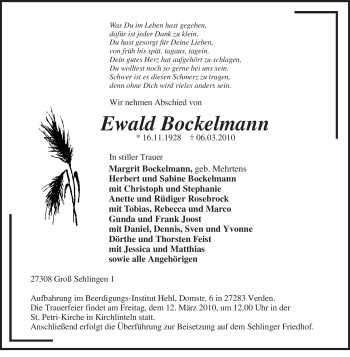 Traueranzeige von Ewald Bockelmann von KREISZEITUNG SYKE