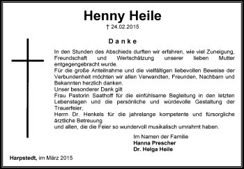 Traueranzeige von Henny Heile von KRZ