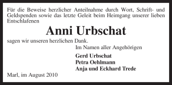 Traueranzeige von Anni Urbschat von KREISZEITUNG SYKE