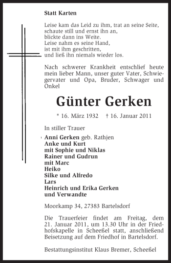 Traueranzeige von Günter Gerken von KREISZEITUNG SYKE