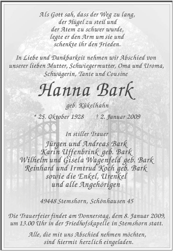 Traueranzeige von Hanna Bark von KREISZEITUNG SYKE