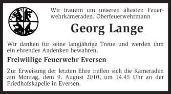 Traueranzeige von Georg Lange von KREISZEITUNG SYKE